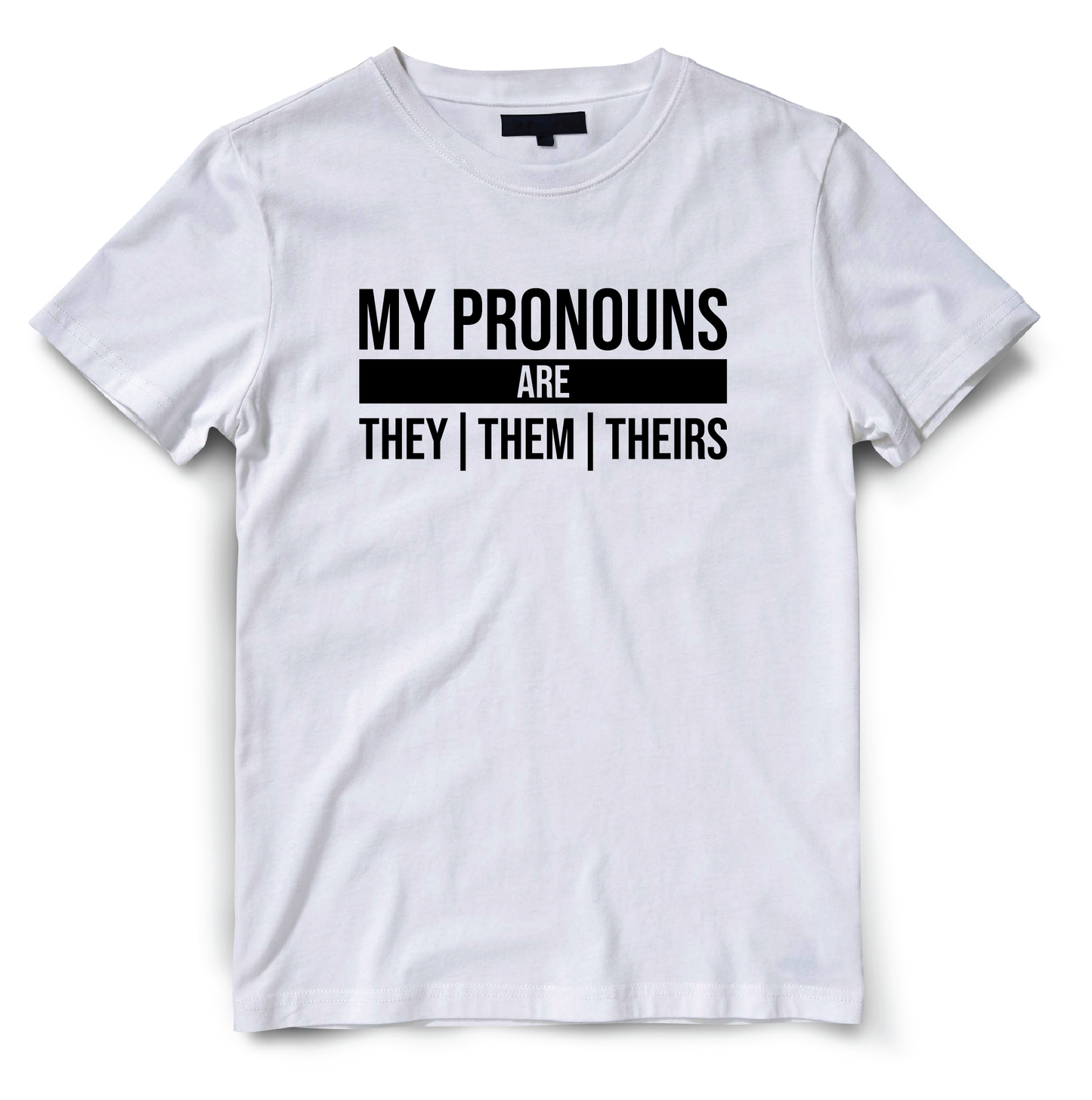 This white t-shirt is a simple yet powerful expression of gender inclusivity. The front of the shirt features black typography that reads "My Pronouns Are" followed by the wearers chosen pronouns.